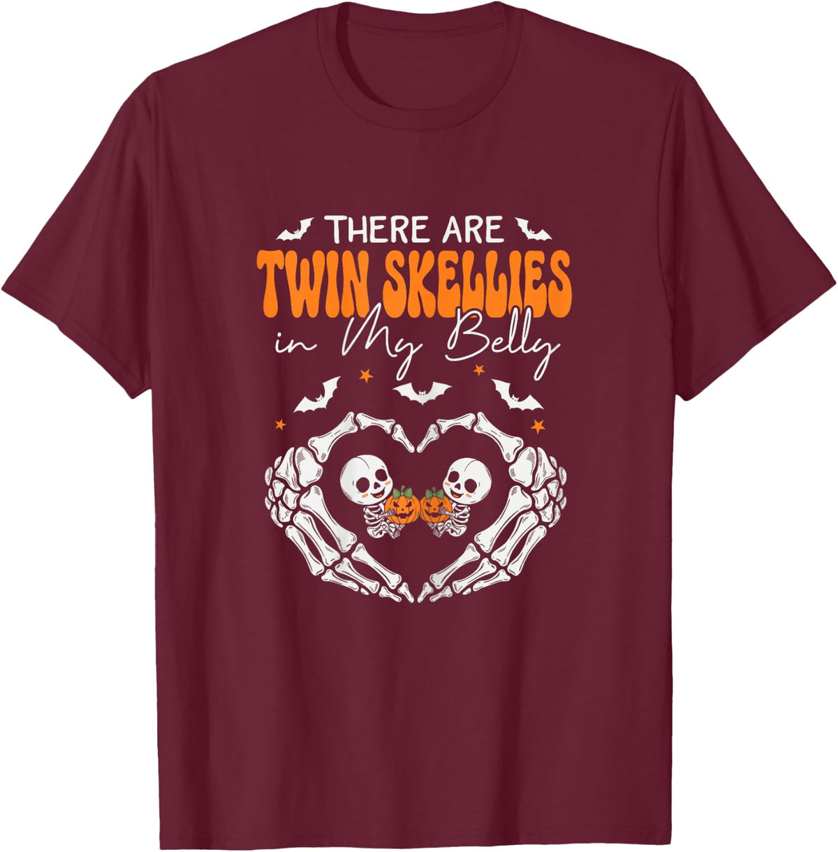 Twin Skellies in My Belly Skeleton Pregnancy Announcement T-Shirt - T-Shirt | Maroon