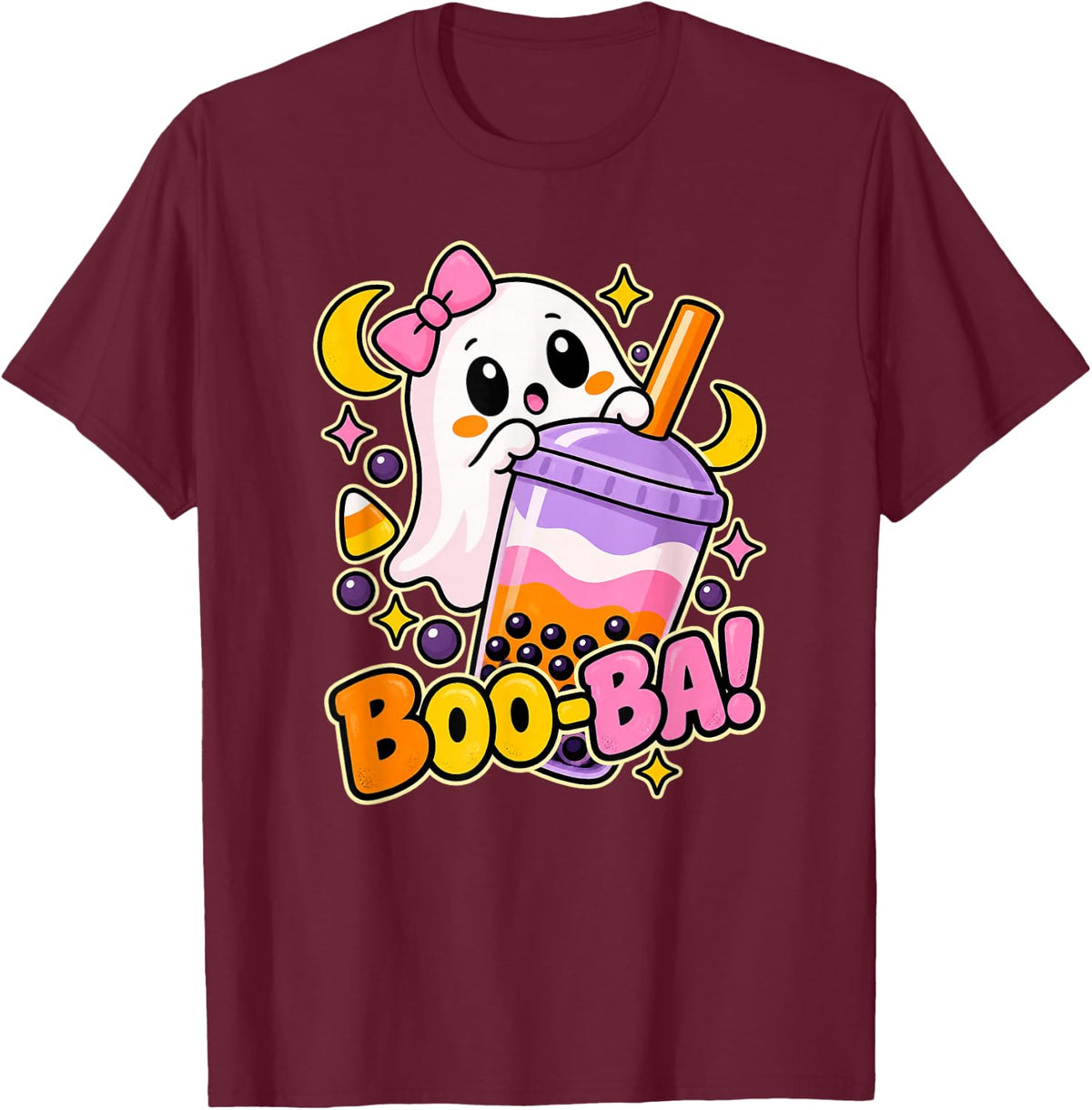 Boo-Ba Halloween Ghost with Boba Tea T-Shirt - T-Shirt | Maroon