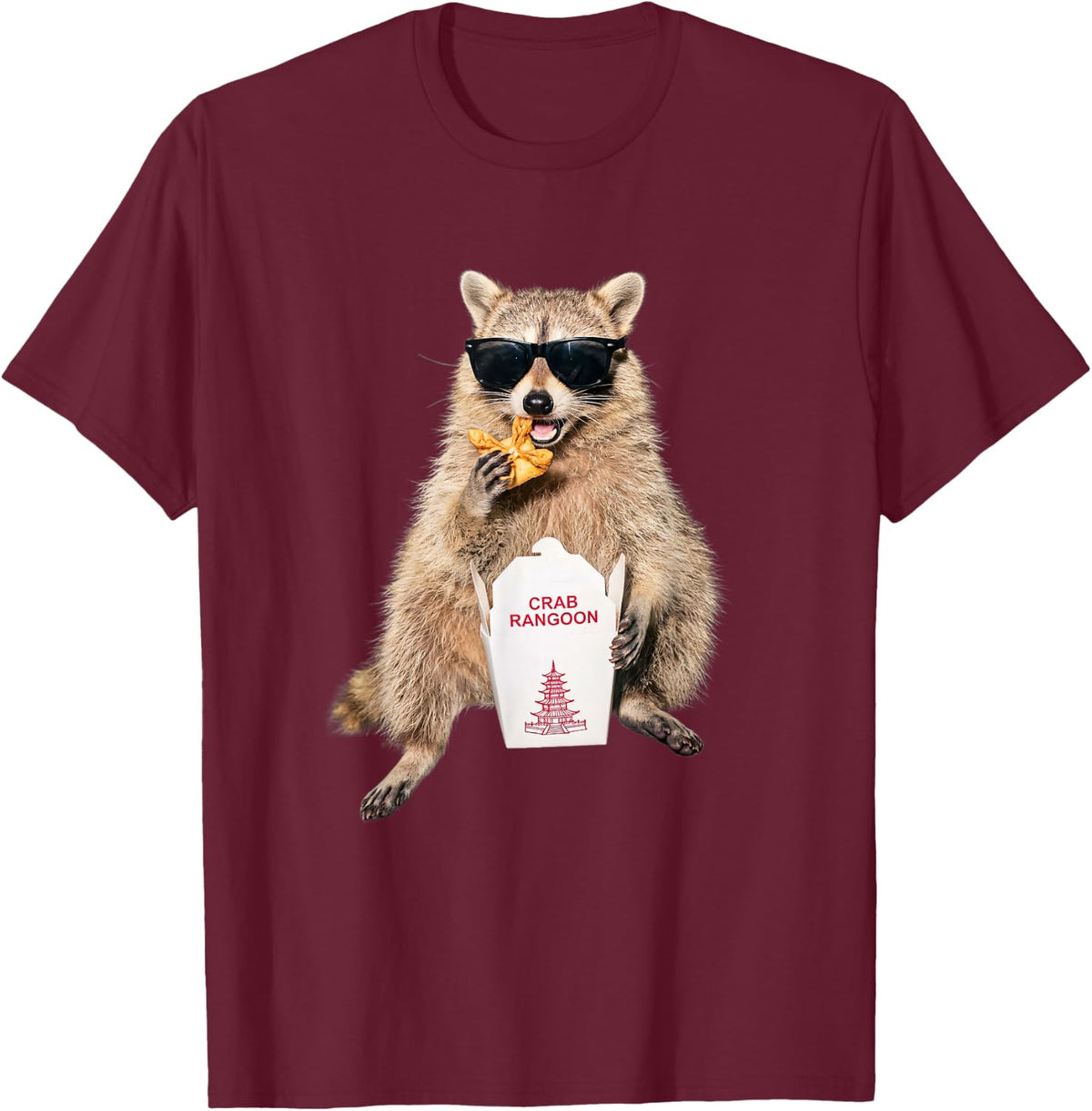 Crab Rangoon Funny Raccoon Eating Chinese Food Meme T-Shirt - T-Shirt | Maroon