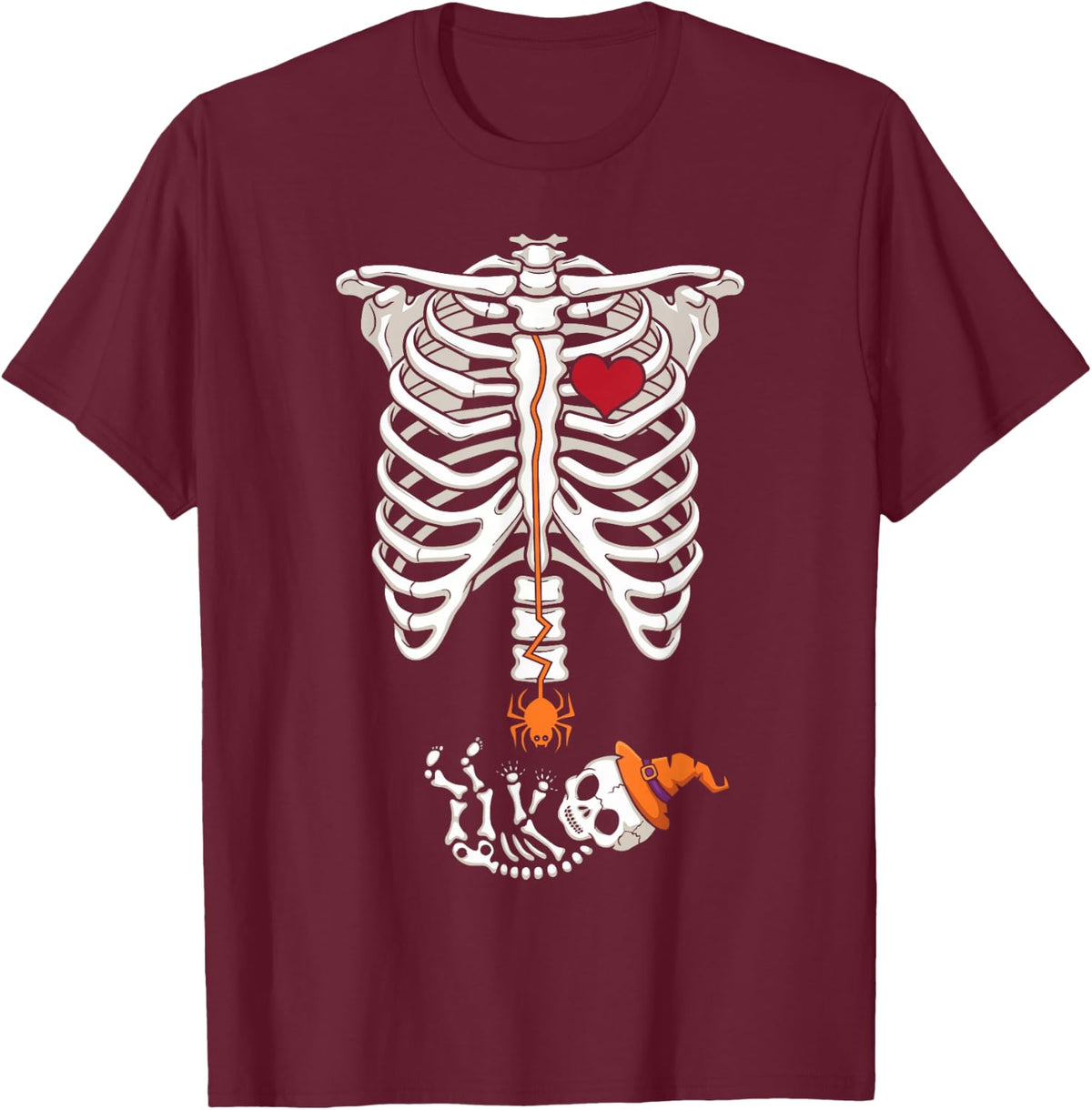 Skeleton Ribcage Baby Pregnancy Announcement Halloween T-Shirt - T-Shirt | Maroon