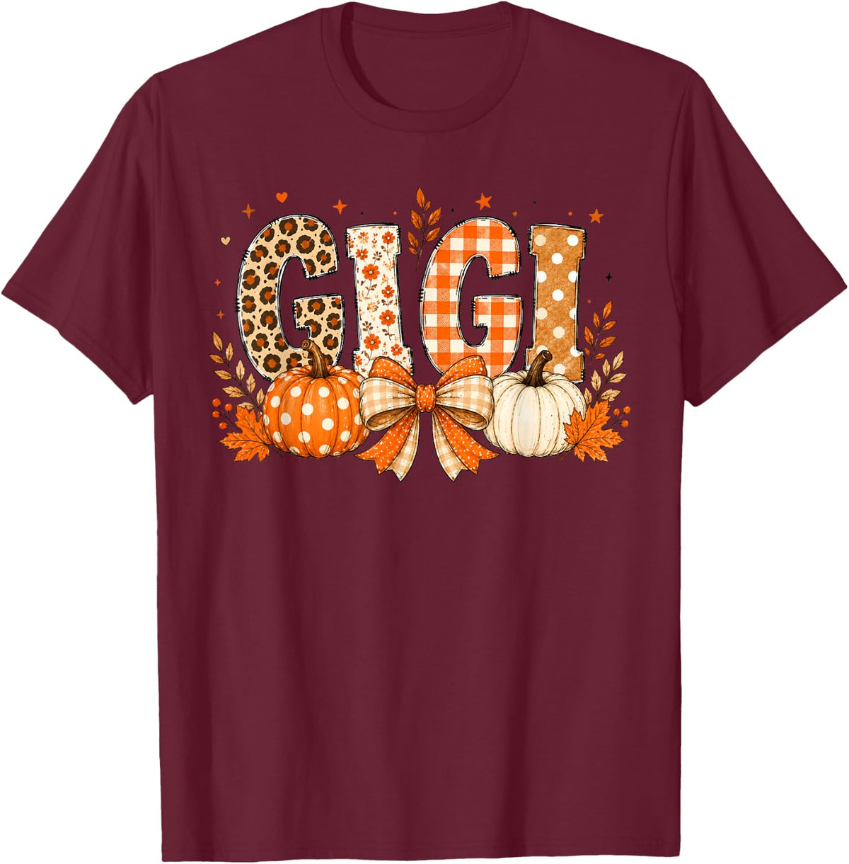 Retro Leopard Gigi Fall Leaves Pumpkin Grandma Thanksgiving T-Shirt - T-Shirt | Maroon