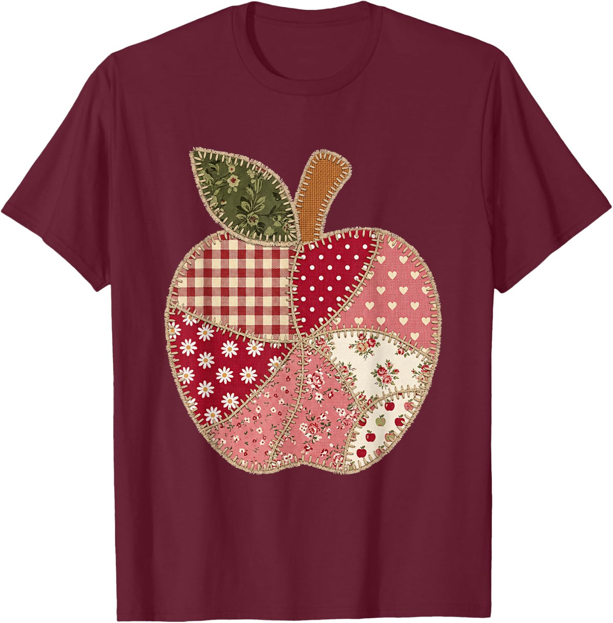 Vintage Quilted Apple Cute Teacher Back to School T-Shirt - T-Shirt | Maroon