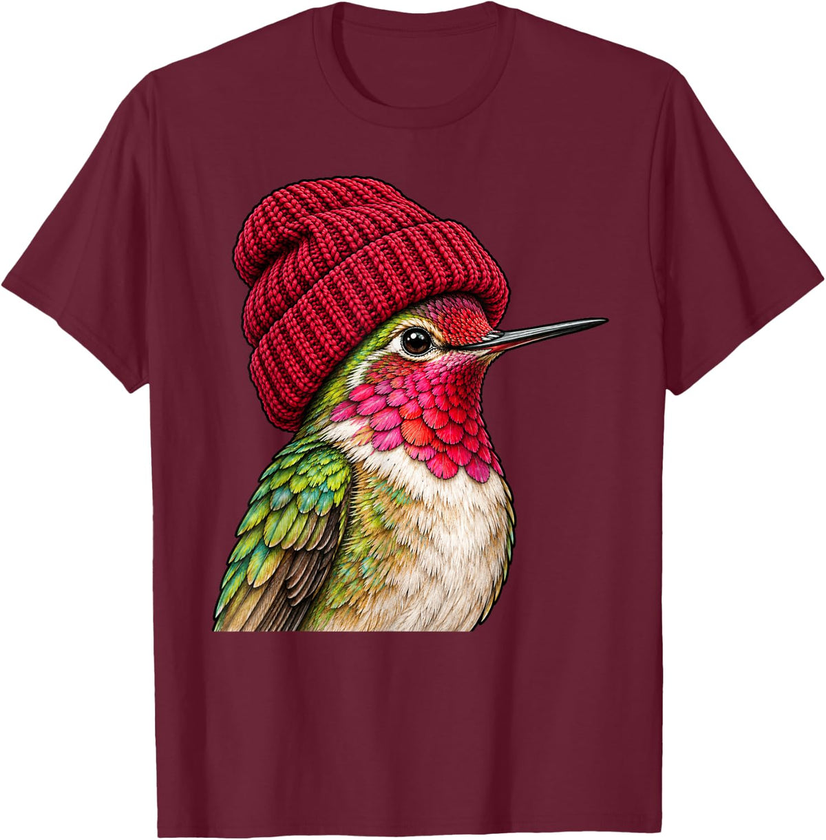 Cute Hummingbird Wearing Beanie Beanie Retro Birding Birder T-Shirt - T-Shirt | Maroon