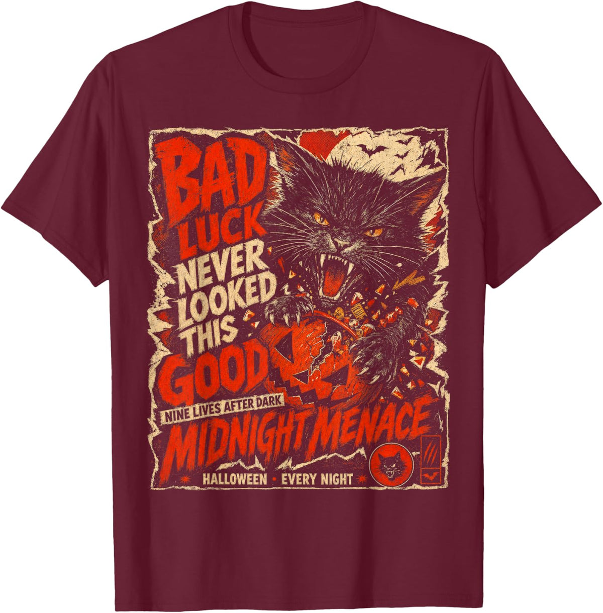 Halloween Black Cat Shirt Bad Luck Gothic Spooky Cat Horror T-Shirt - T-Shirt | Maroon