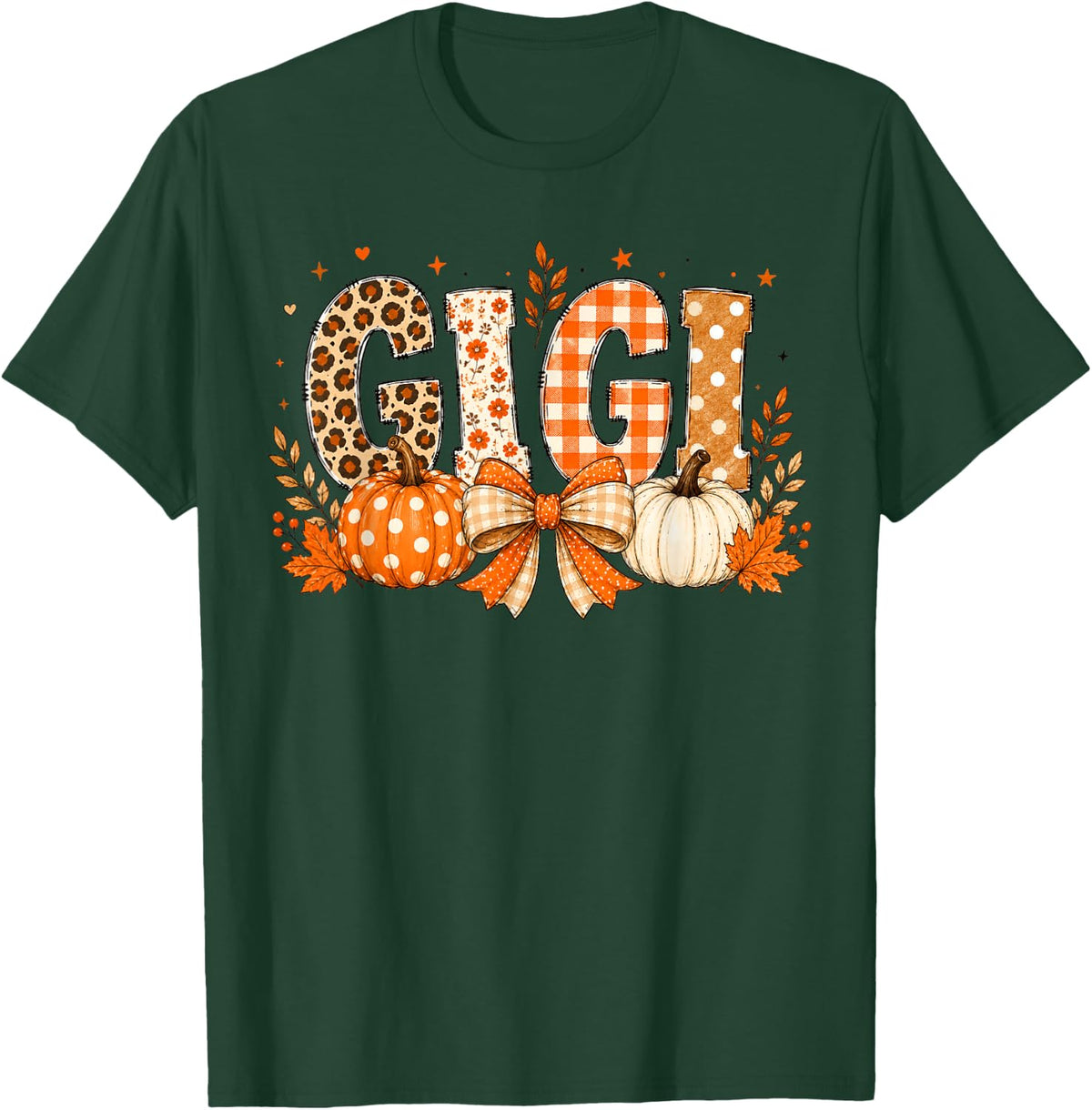 Retro Leopard Gigi Fall Leaves Pumpkin Grandma Thanksgiving T-Shirt - T-Shirt | Forest