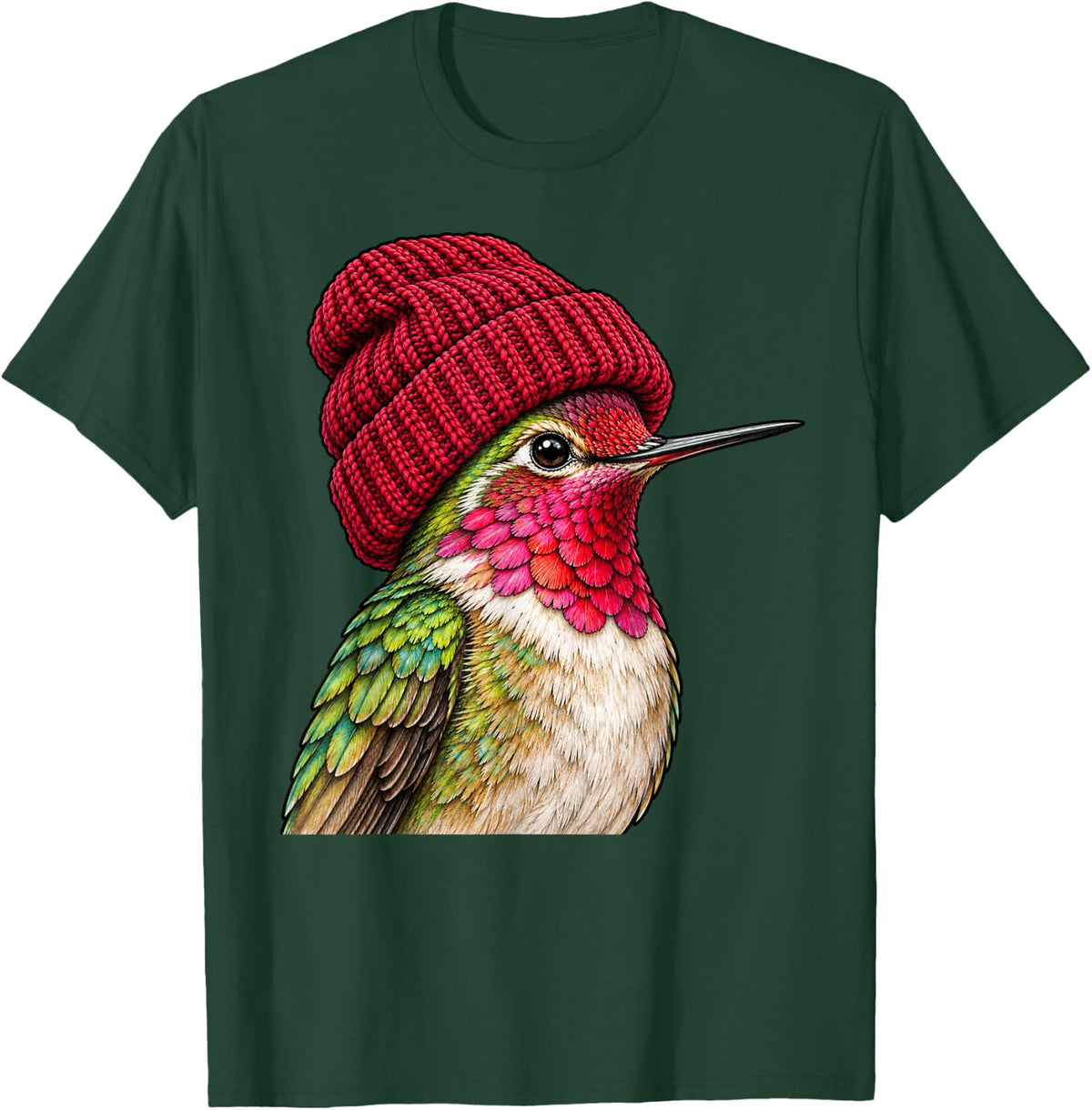 Cute Hummingbird Wearing Beanie Beanie Retro Birding Birder T-Shirt - T-Shirt | Forest