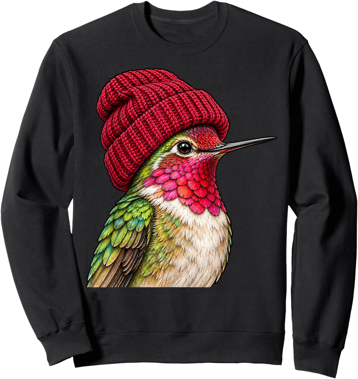 Cute Hummingbird Wearing Beanie Beanie Retro Birding Birder Sweatshirt - Sweatshirt | Black
