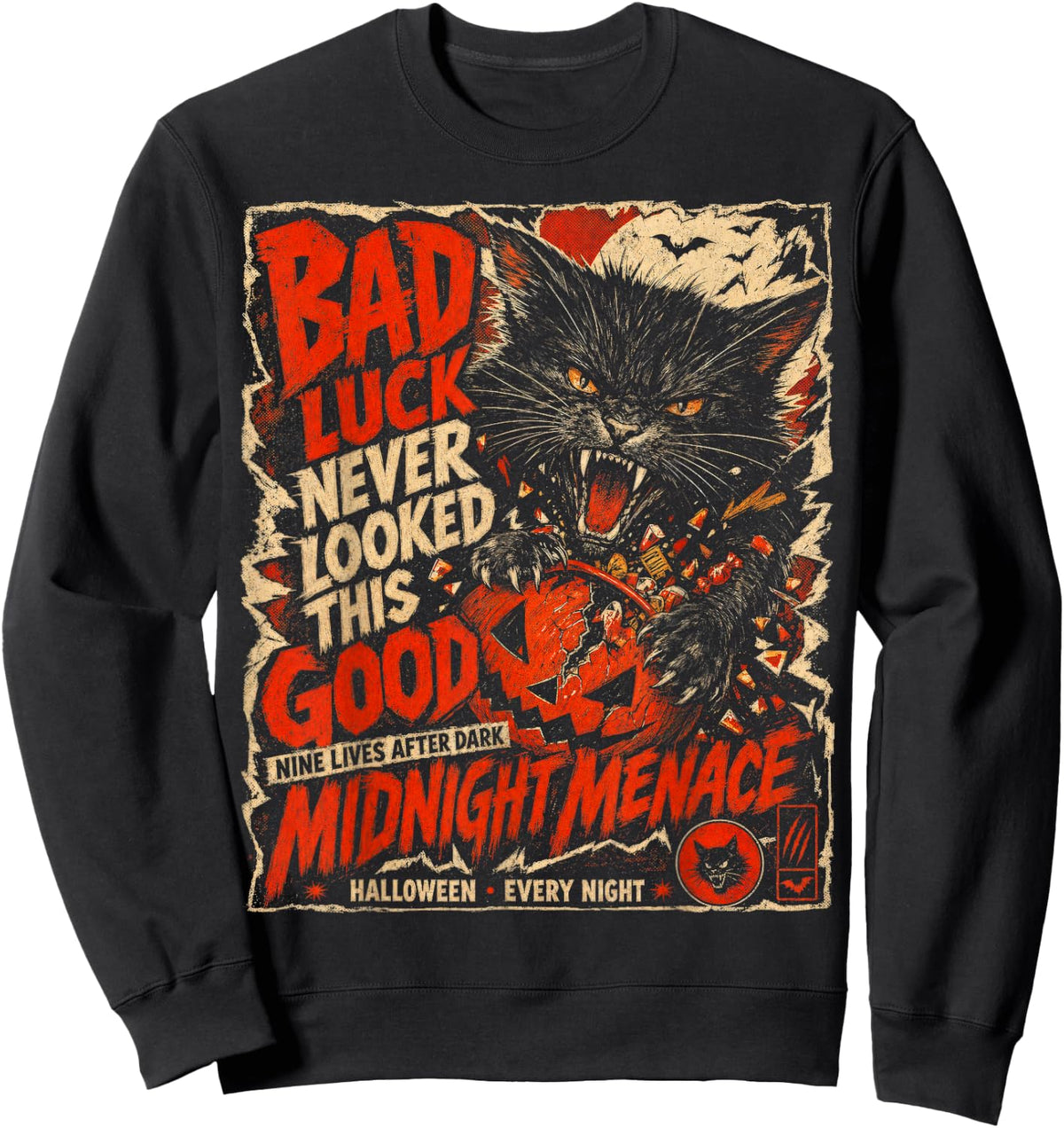 Halloween Black Cat Shirt Bad Luck Gothic Spooky Cat Horror Sweatshirt - Sweatshirt | Black