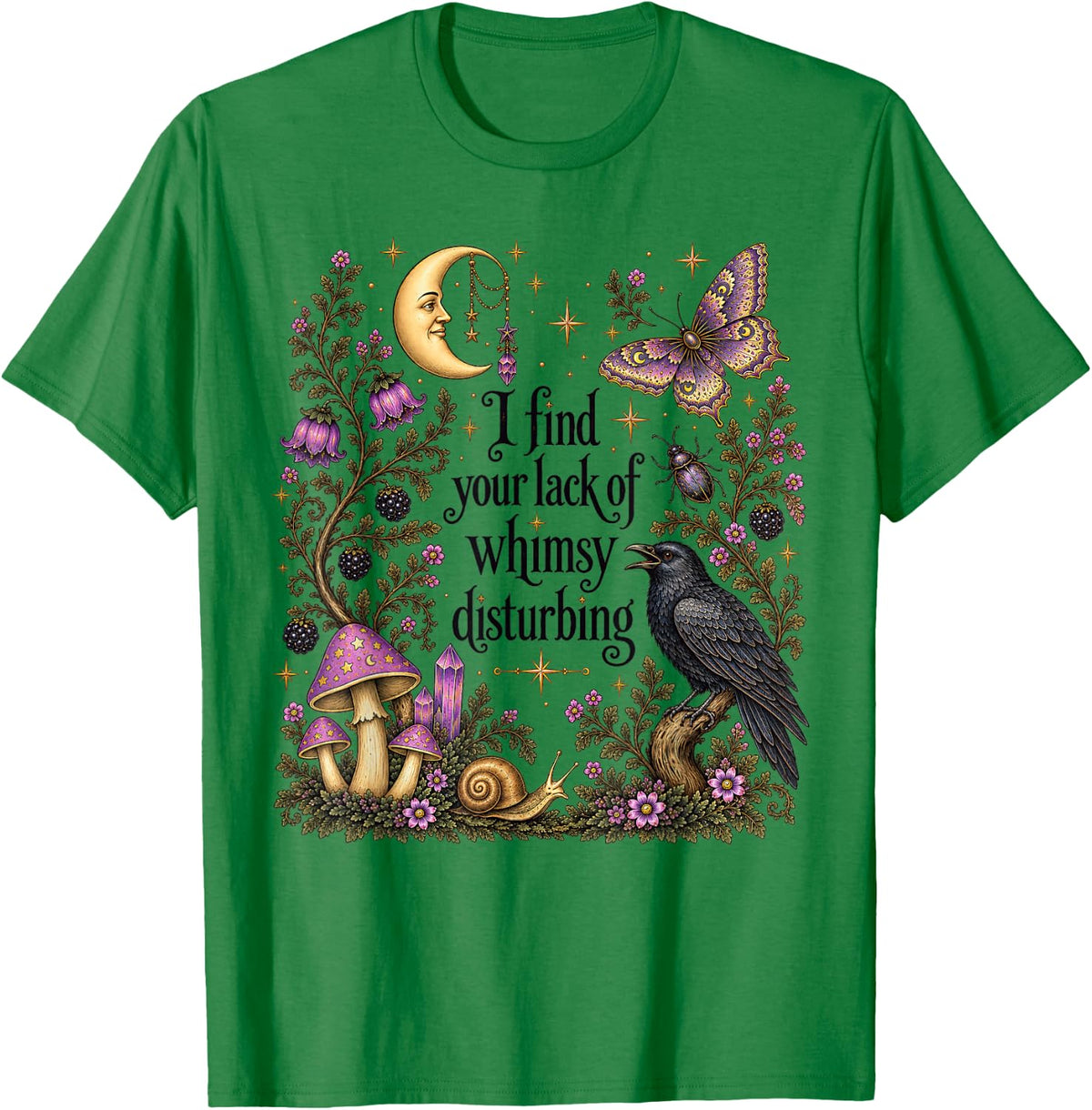 I find the Lack of Whimsy Crow Witchy Halloween T-Shirt - T-Shirt | Irish Green