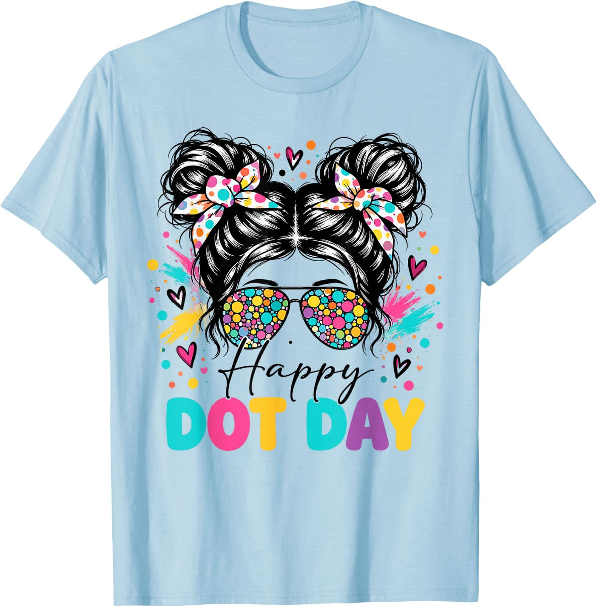 Dot Day Colorful Polka Dot Messy Bun Women Teacher Girl T-Shirt - T-Shirt | Light Blue