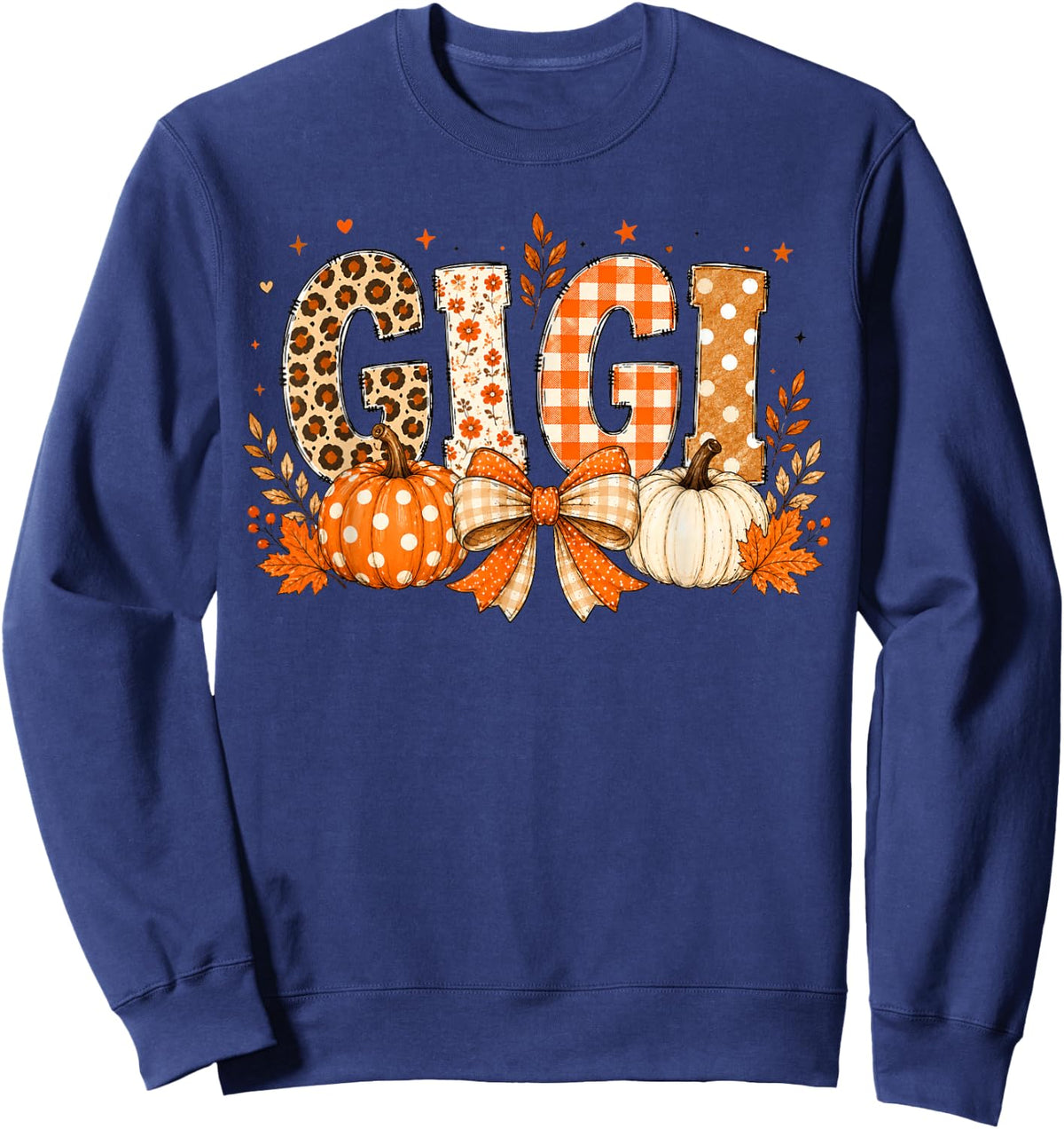Retro Leopard Gigi Fall Leaves Pumpkin Grandma Thanksgiving Sweatshirt - Sweatshirt | Navy