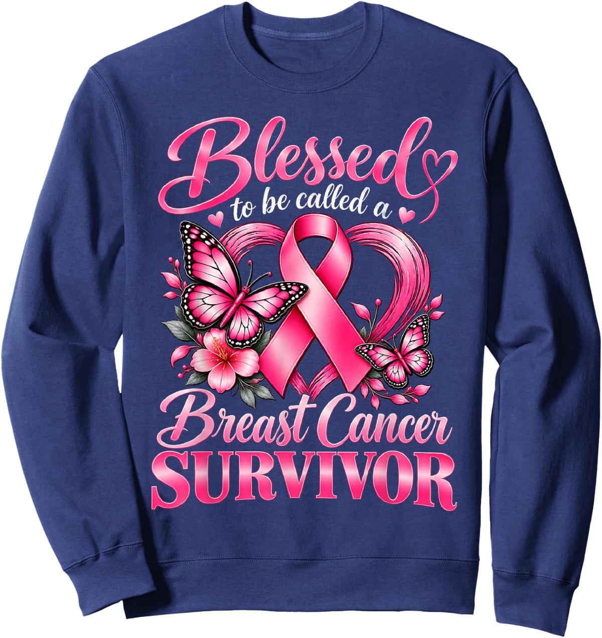 Blessed to Be Called A Breast Cancer Survivor Pink Butterfly Sweatshirt - Sweatshirt | Navy