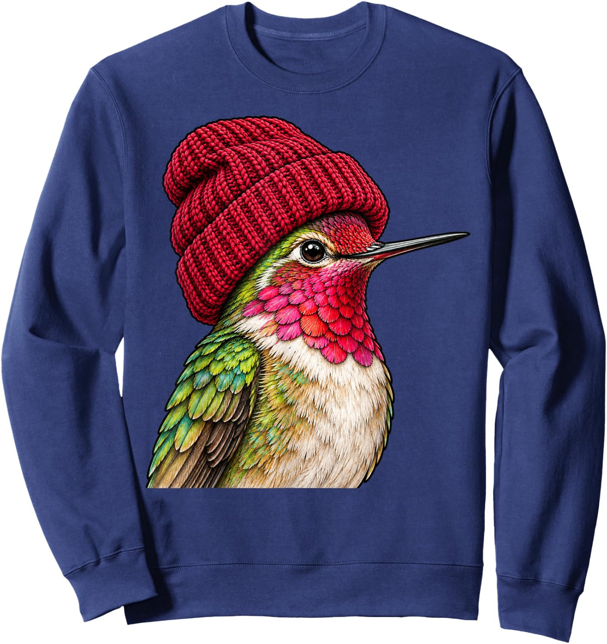 Cute Hummingbird Wearing Beanie Beanie Retro Birding Birder Sweatshirt - Sweatshirt | Navy