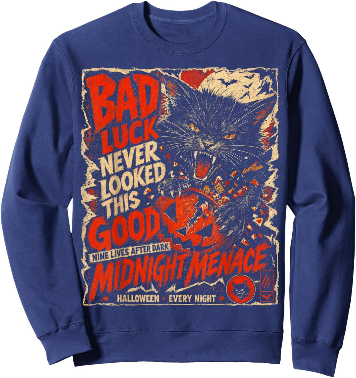 Halloween Black Cat Shirt Bad Luck Gothic Spooky Cat Horror Sweatshirt - Sweatshirt | Navy