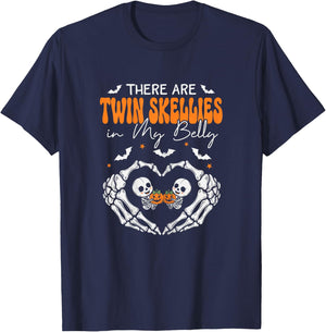 Twin Skellies in My Belly Skeleton Pregnancy Announcement T-Shirt - T-Shirt | Navy
