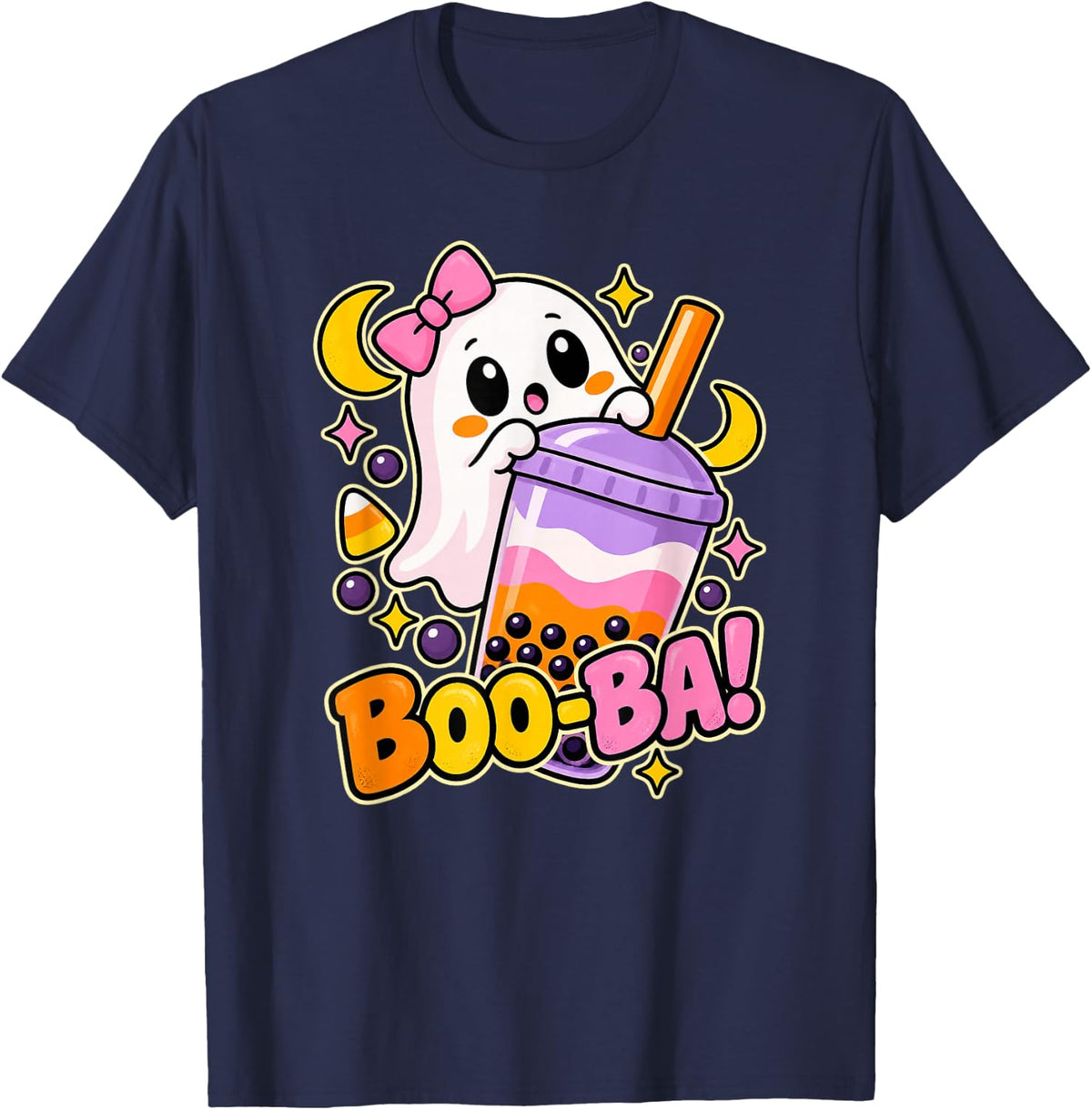 Boo-Ba Halloween Ghost with Boba Tea T-Shirt - T-Shirt | Navy