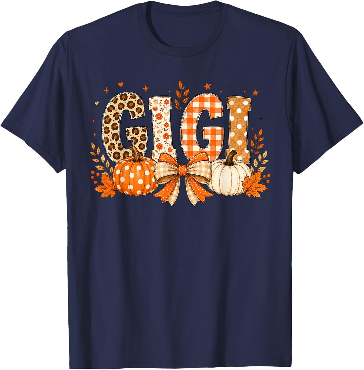 Retro Leopard Gigi Fall Leaves Pumpkin Grandma Thanksgiving T-Shirt - T-Shirt | Navy