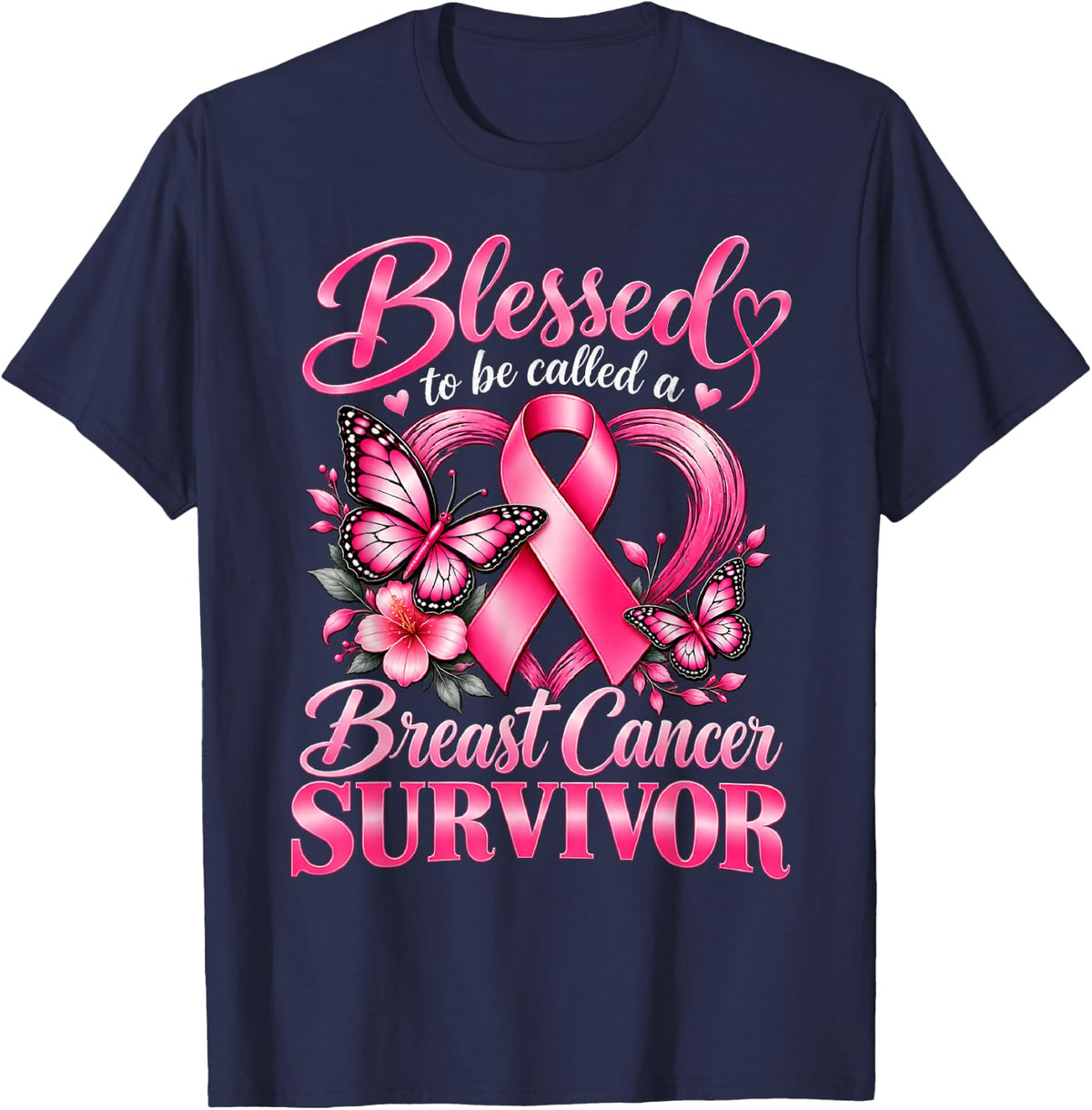 Blessed to Be Called A Breast Cancer Survivor Pink Butterfly T-Shirt - T-Shirt | Navy
