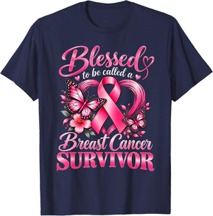Blessed to Be Called A Breast Cancer Survivor Pink Butterfly T-Shirt - T-Shirt | Navy