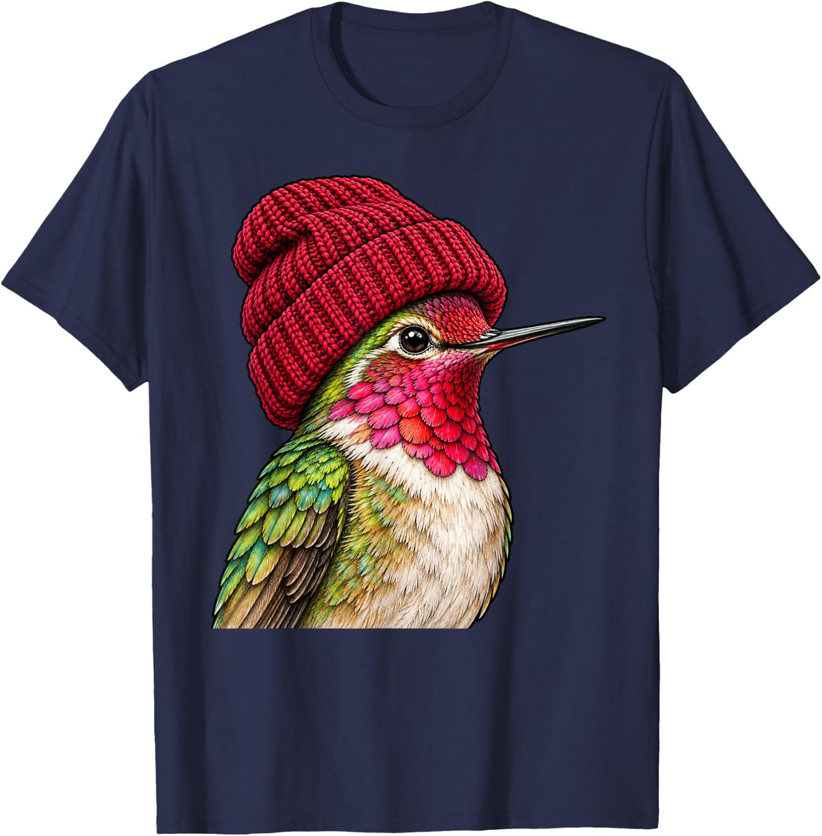 Cute Hummingbird Wearing Beanie Beanie Retro Birding Birder T-Shirt - T-Shirt | Navy