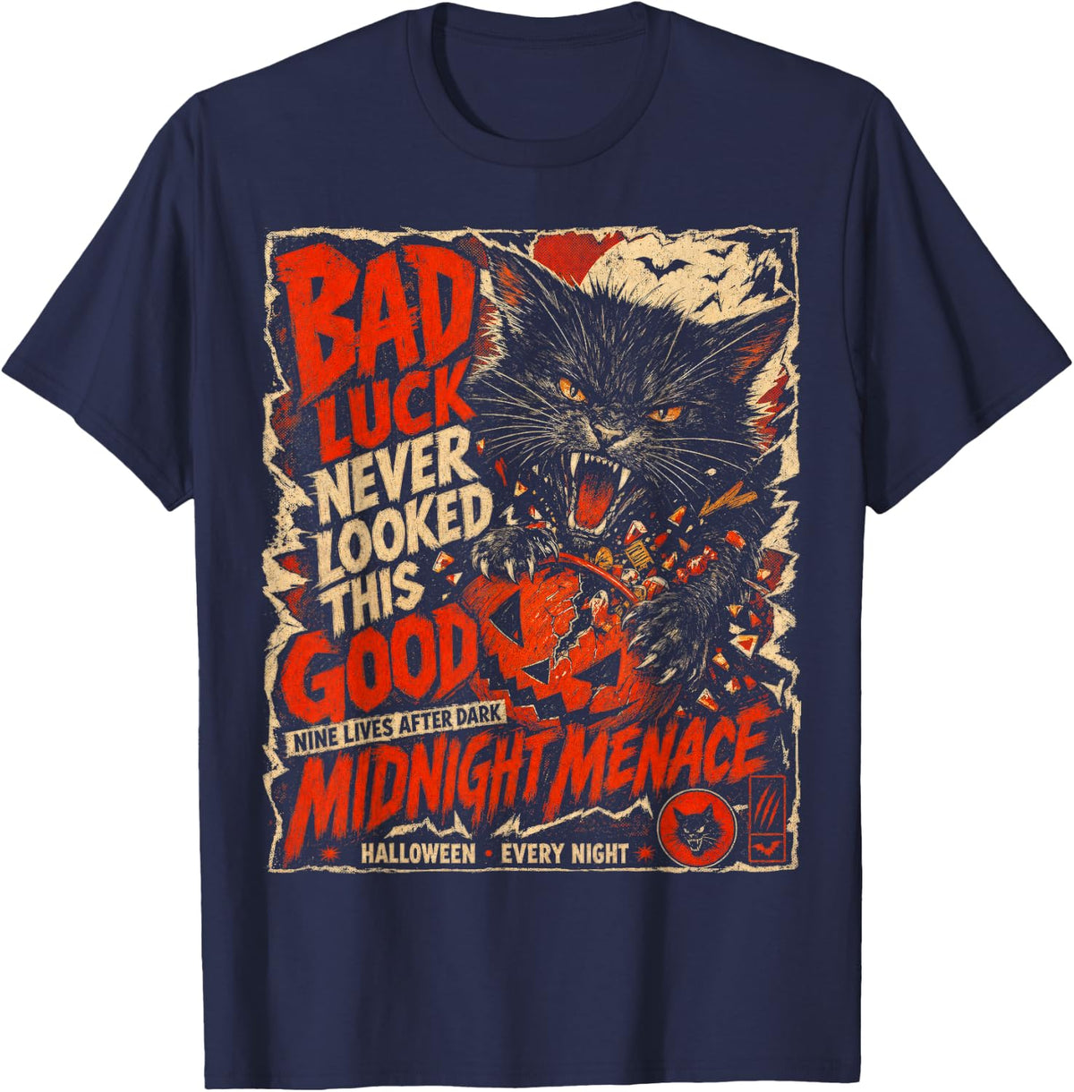 Halloween Black Cat Shirt Bad Luck Gothic Spooky Cat Horror T-Shirt - T-Shirt | Navy