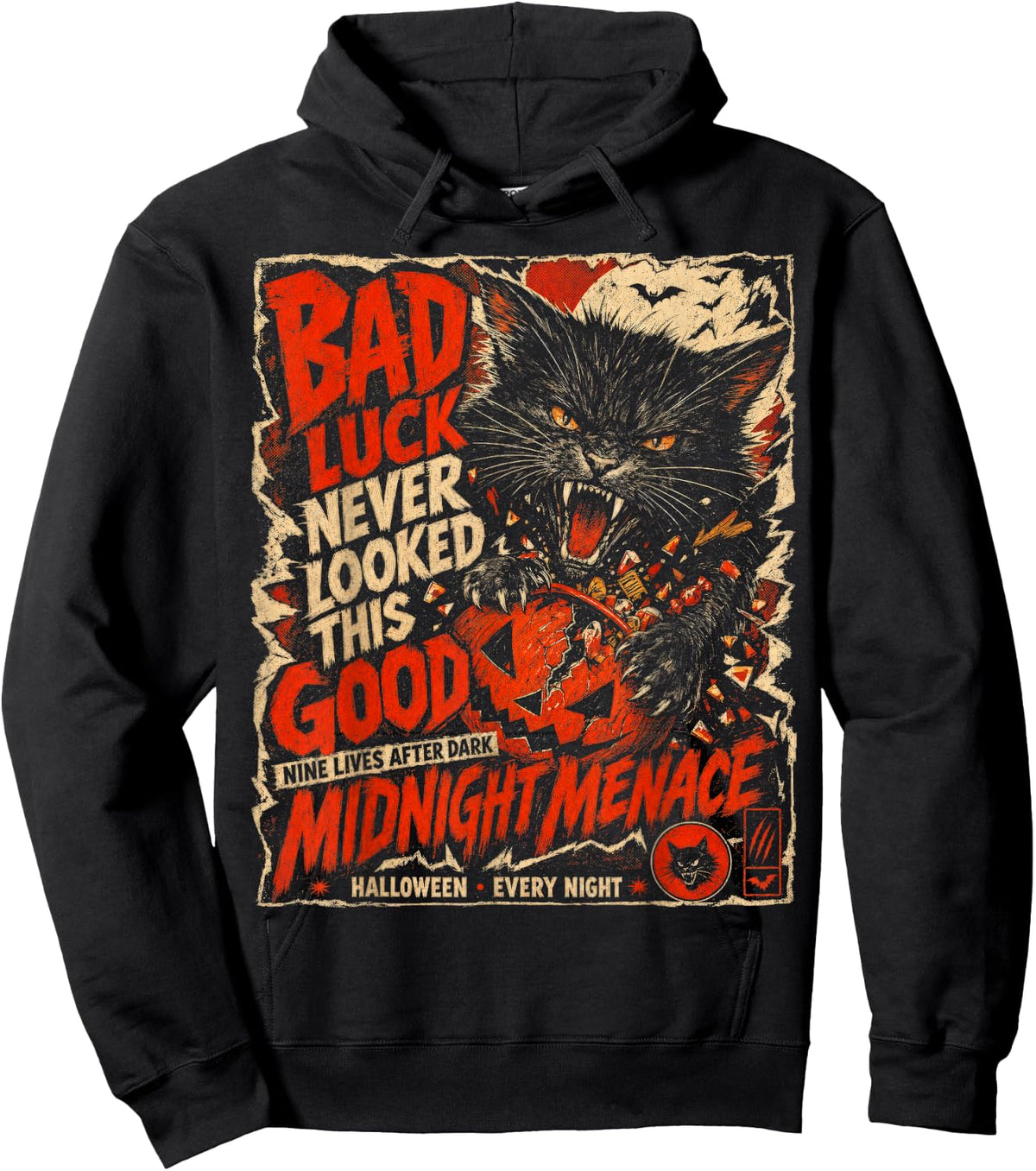 Halloween Black Cat Shirt Bad Luck Gothic Spooky Cat Horror Hoodie - Hoodie | Black