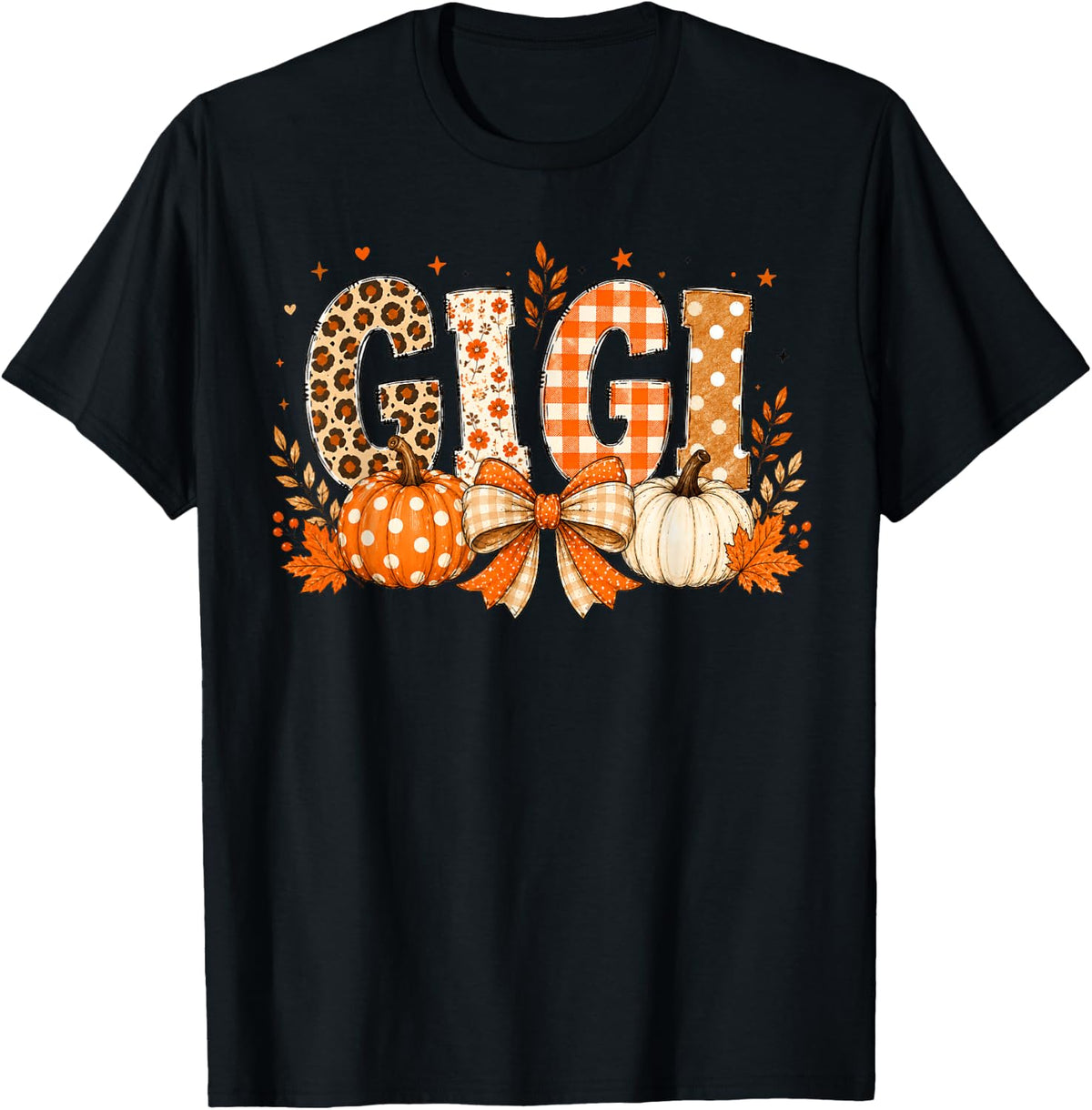 Retro Leopard Gigi Fall Leaves Pumpkin Grandma Thanksgiving T-Shirt - T-Shirt | Black