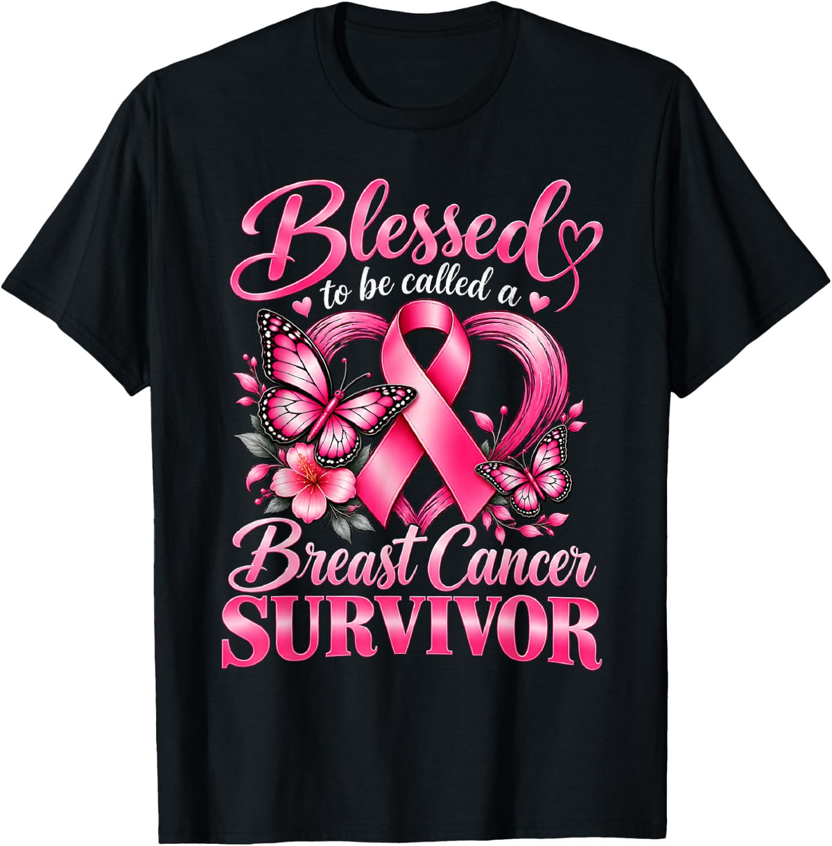 Blessed to Be Called A Breast Cancer Survivor Pink Butterfly T-Shirt - T-Shirt | Black