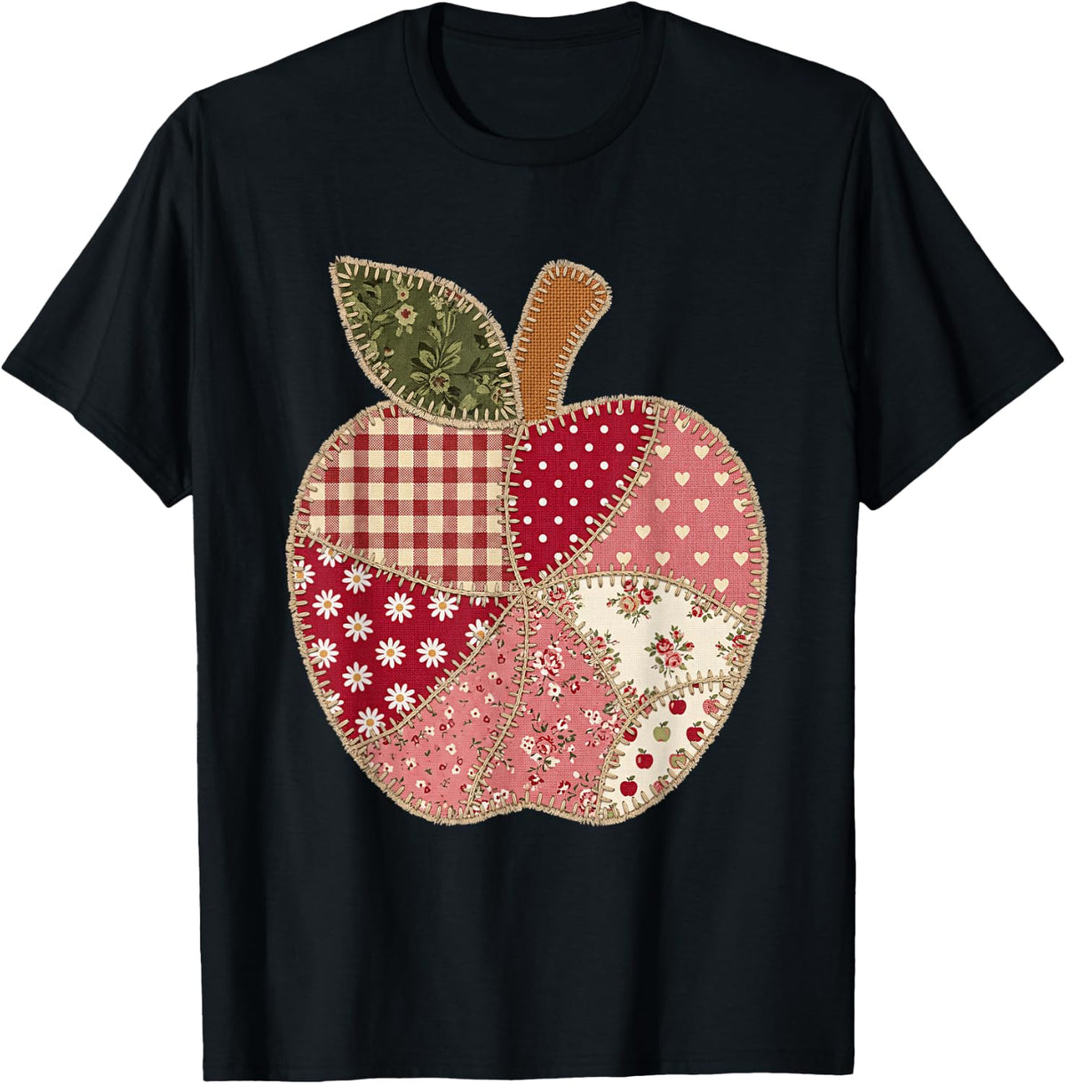 Vintage Quilted Apple Cute Teacher Back to School T-Shirt - T-Shirt | Black