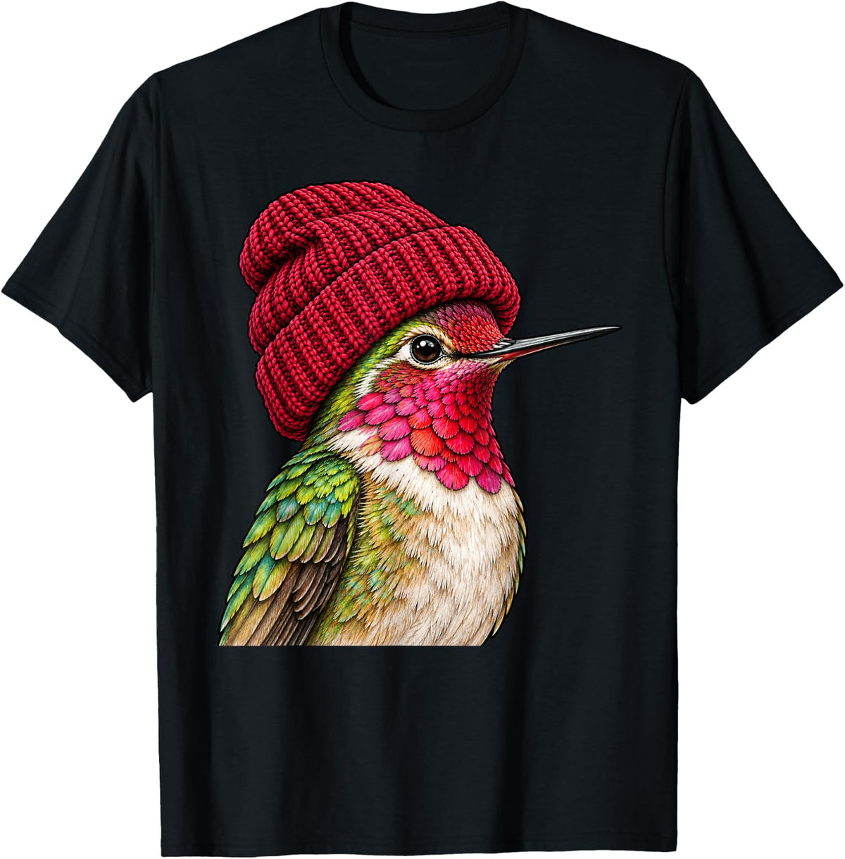 Cute Hummingbird Wearing Beanie Beanie Retro Birding Birder T-Shirt - T-Shirt | Black