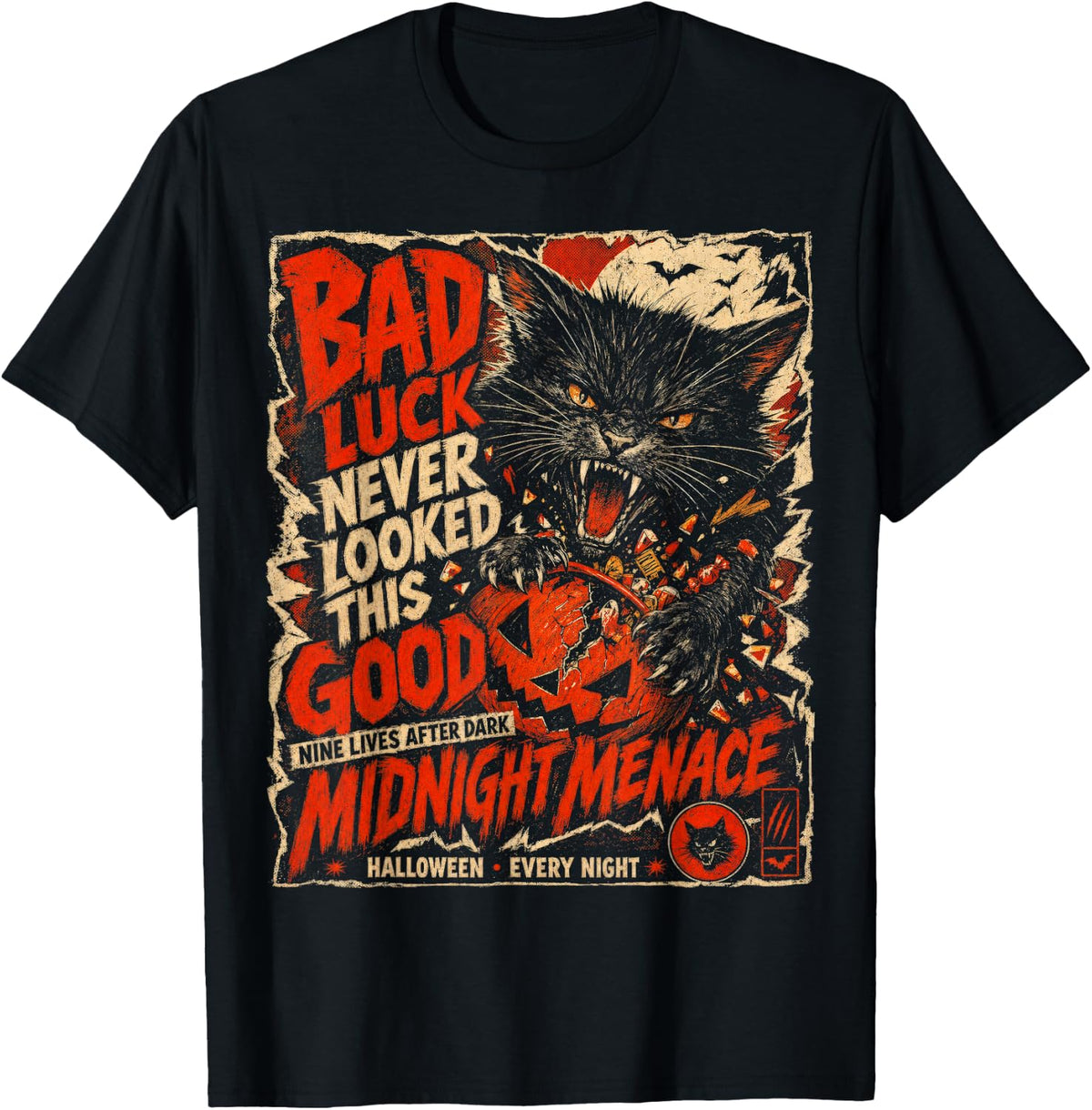 Halloween Black Cat Shirt Bad Luck Gothic Spooky Cat Horror T-Shirt - T-Shirt | Black